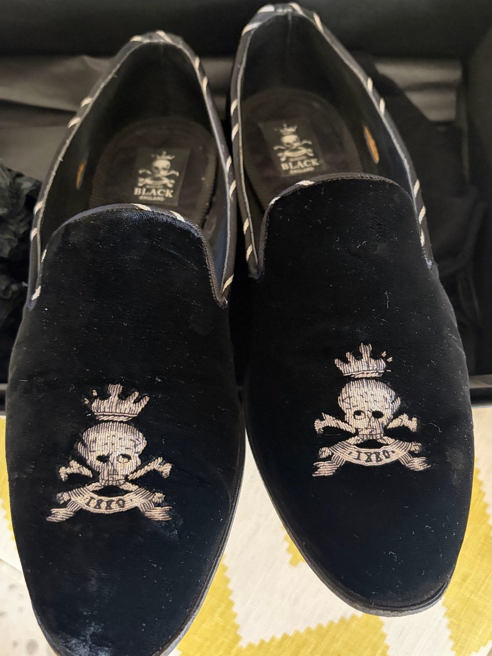 Barker Black Velvet Skull & Crown Slip-On Loafers - Black